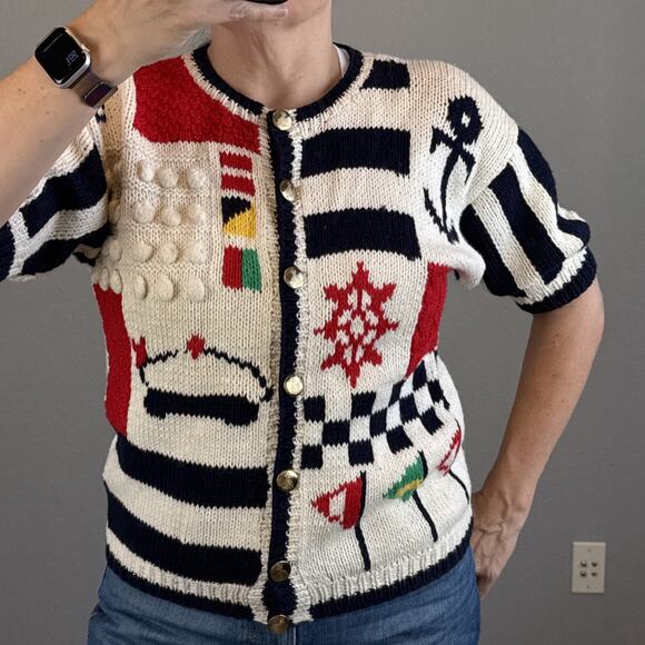Eagle Eye 80s Vintage Nautical Sailing Short Sleeve Button Cardigan Size M Knit - Picture 1 of 11